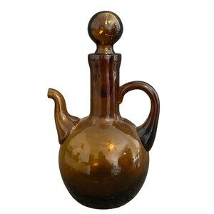 VTG Cruet Bottle Brown Amber hand blown Glass Pitcher Jug 5.5 Inch Oil Vinegar